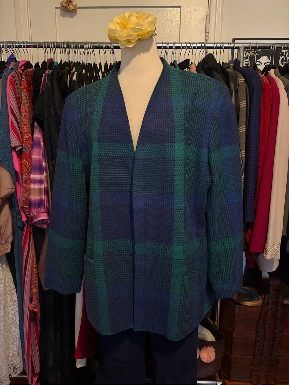 VTG Tan Jay Black Watch Plaid Wool Blend Open Front Collarless Blazer 22W 42